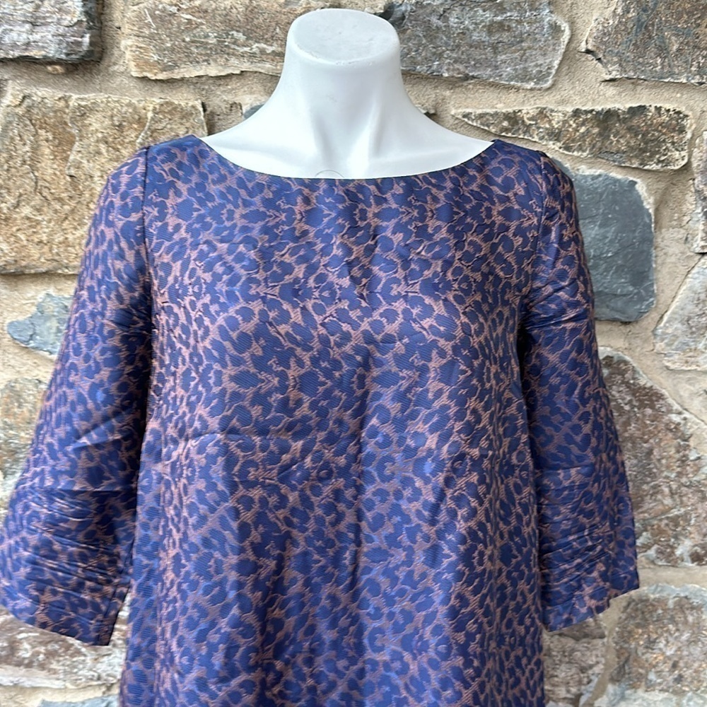 Sezane Robe Auberie Jacquard Leopard Blue Ruffled Hem Shift Dress size 36 (4) - Picture 3 of 12
